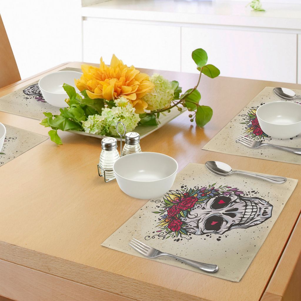 ABAKUHAUS Zuckerschädel Platzmatten, Menschlicher Schädel mit Kranz aus Rosen und Wilden Blumen Herzen in Boho Chic Design, Tiscjdeco aus Farbfes...