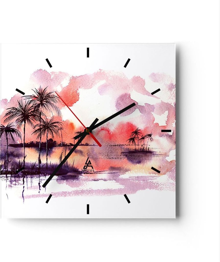 Wanduhr - Quadrat - Glasuhr - Tropen Palmen Illustration Pflanze - 30x30cm - Schleichendes Uhrwerk - Lautlos - zum Aufhängen bereit - Dekoration M...
