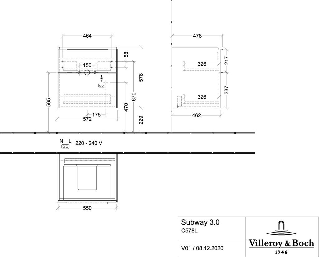 Villeroy & Boch Subway 3.0 Waschbeckenunterschrank, LED-Beleuchtung, 2 Auszüge, 572x576x478mm, C578L0VF
