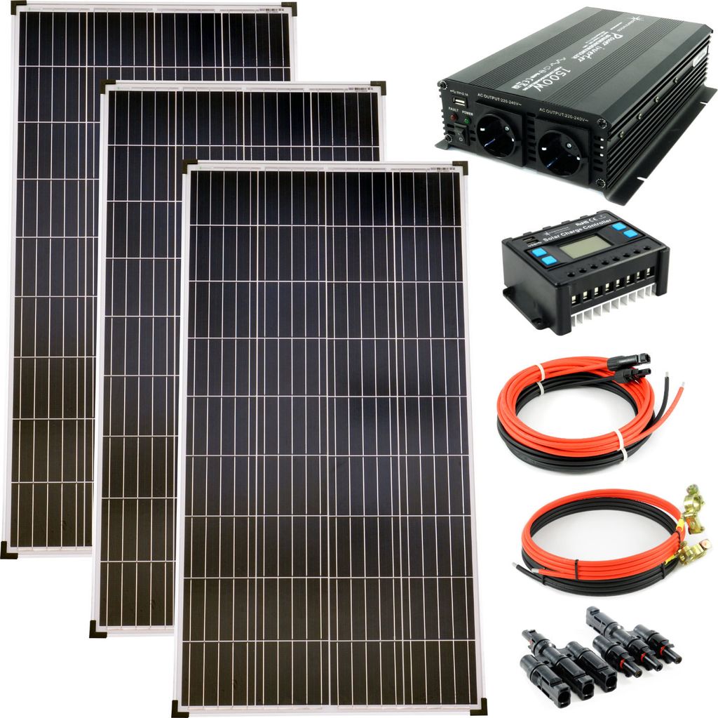 Solar Set 12V 3x130 Watt Poly Solarpanel Kabel Wechselrichter 1500W Solaranlage PV