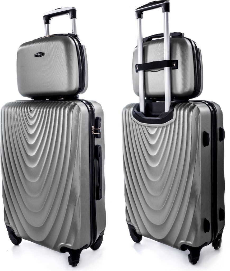 Two views of a silver luggage set, a large suitcase with a smaller cosmetic case on top.