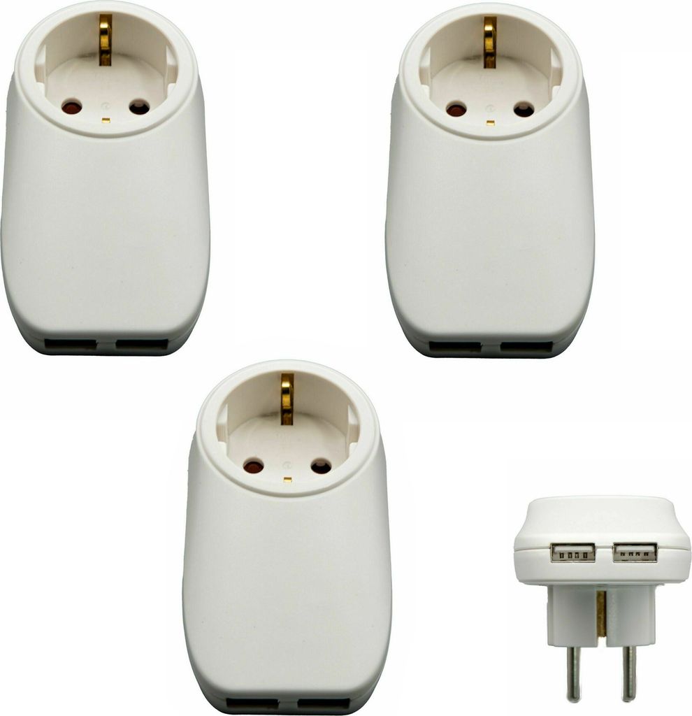 A collage of white electrical adapters with USB ports.