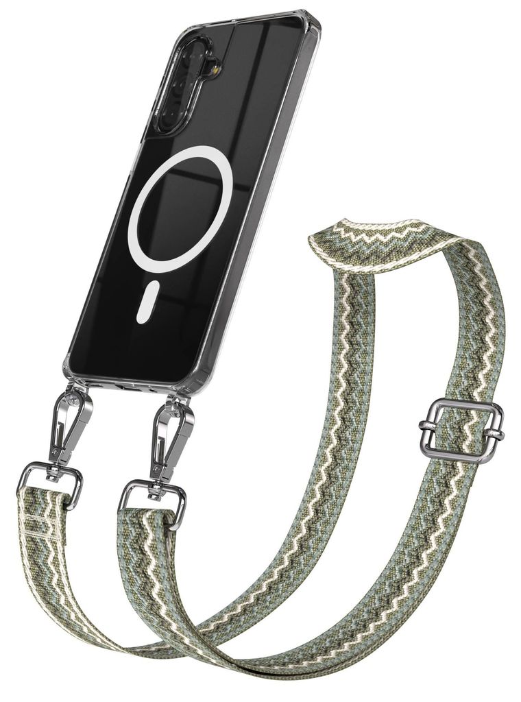 EAZY CASE - Handykette mit MagSafe Hülle für Samsung Galaxy A17, Handyband Wave Style, Karabiner Silber, Umhängeband in Grün