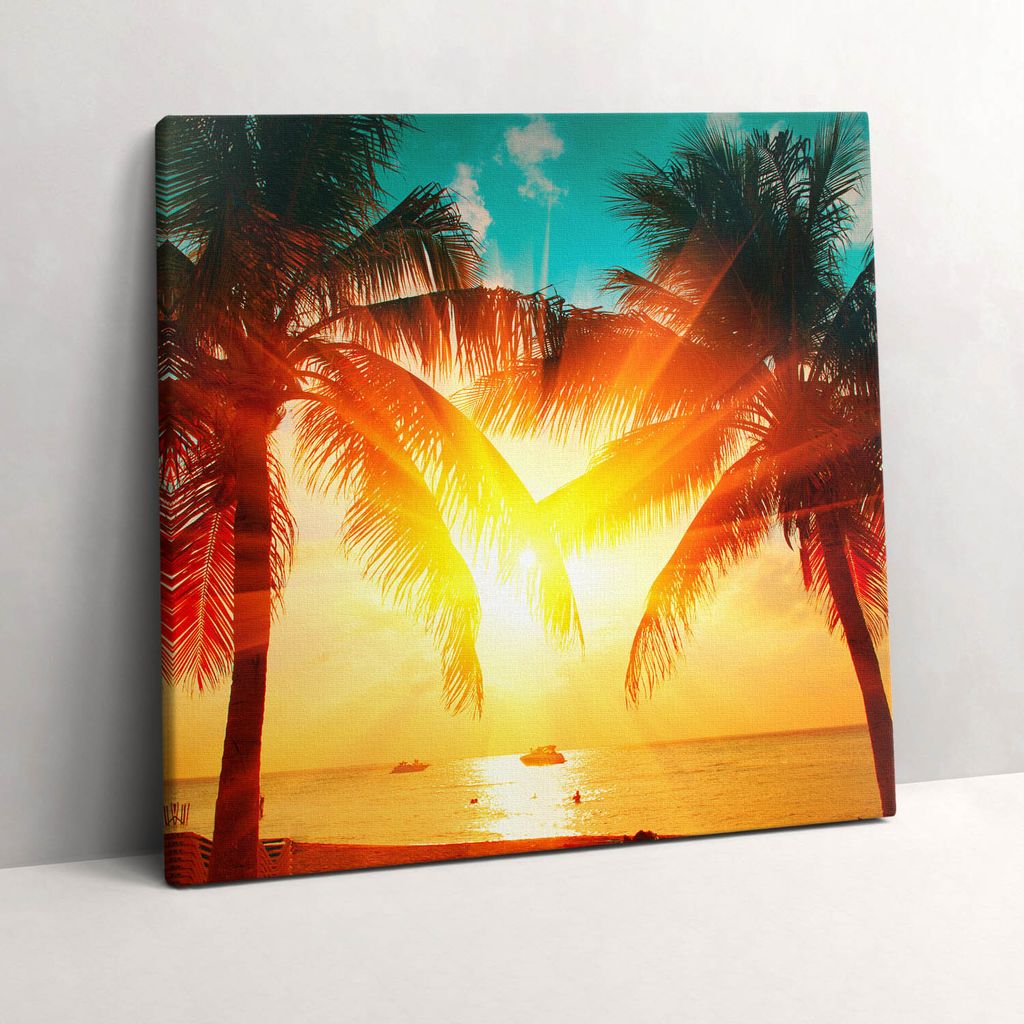 Holiday view - palm trees at sunset – Leinwandbild Wandbild – 60x60 cm – Leinwandbilder – Wandbilder – Schlafzimmer – Flur