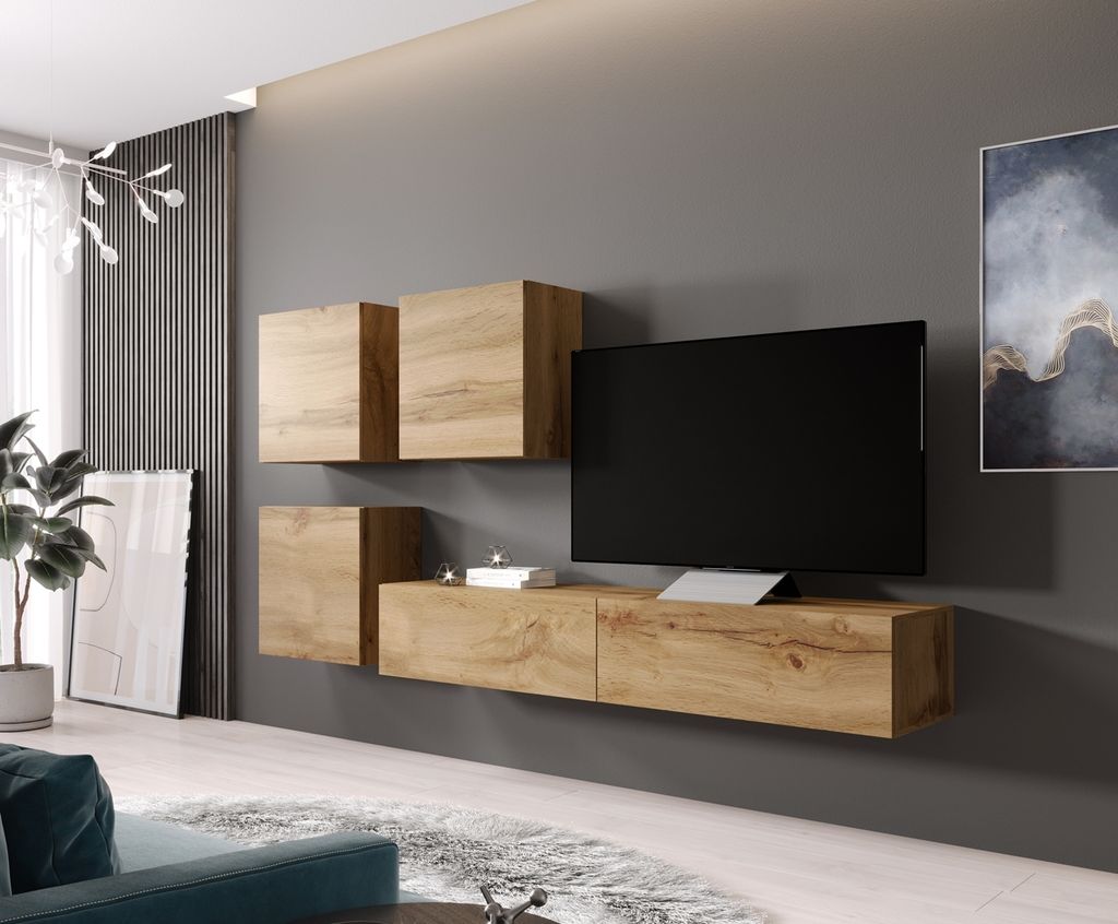 Wohnwand Wohnzimmer - Set Medienwand VIGO 23F eiche wotan Hängeschränke TV Lowboard 230cm breit