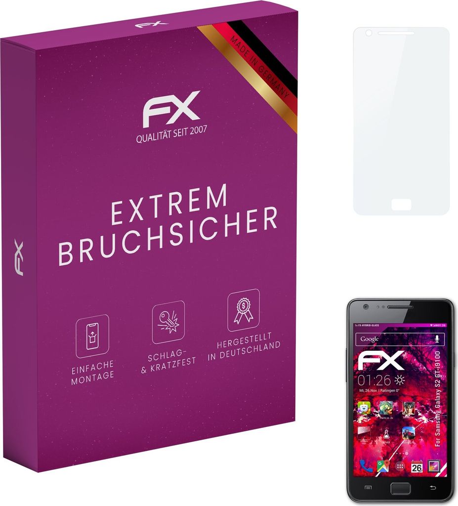 atFoliX FX-Hybrid-Glass Displayfolie kompatibel mit Samsung Galaxy S2 (GT-i9100) Glasfolie