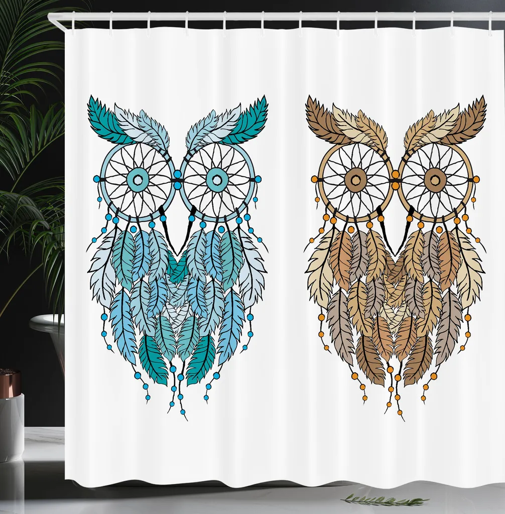 ABAKUHAUS Tenda da doccia con gufi, Dreamcatcher-Art-Gufi-Tribù-Caratteristiche etniche-Uccello magico e lungimirante-Stampa artistica, Tessuto Set decorativo per bagno con ganci, 175x220 cm, Bianco crema Teal - 4