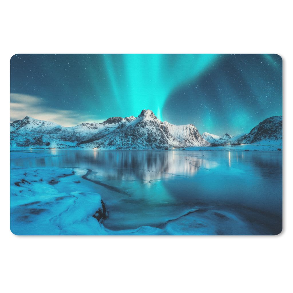 MuchoWow Schreibtischunterlage Nordlicht - Eis - Schnee - Norwegen - Blau - Berge 60x40 cm - XXL Mauspad - Großes Mauspad