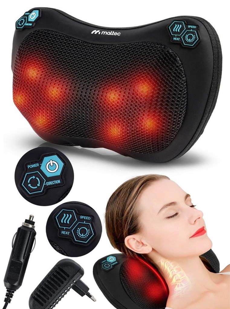 MalTec Shiatsu Massagekissen Rücken, Nacken, Körper wärmende Rückenmassagegerät Massageköpfen für Büro, Auto oder Zuhause