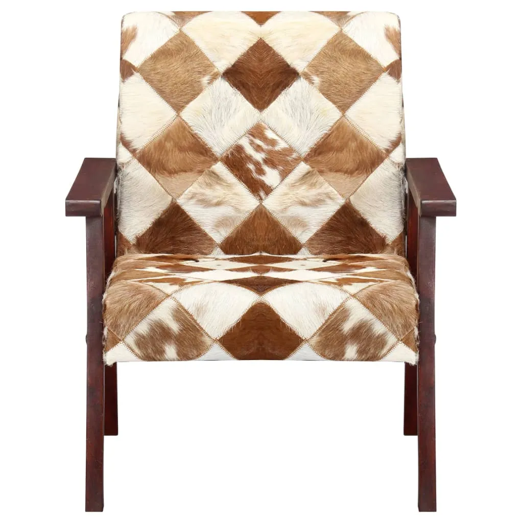Fauteuil de salon design bicolore en cuir véritable blanc et marron