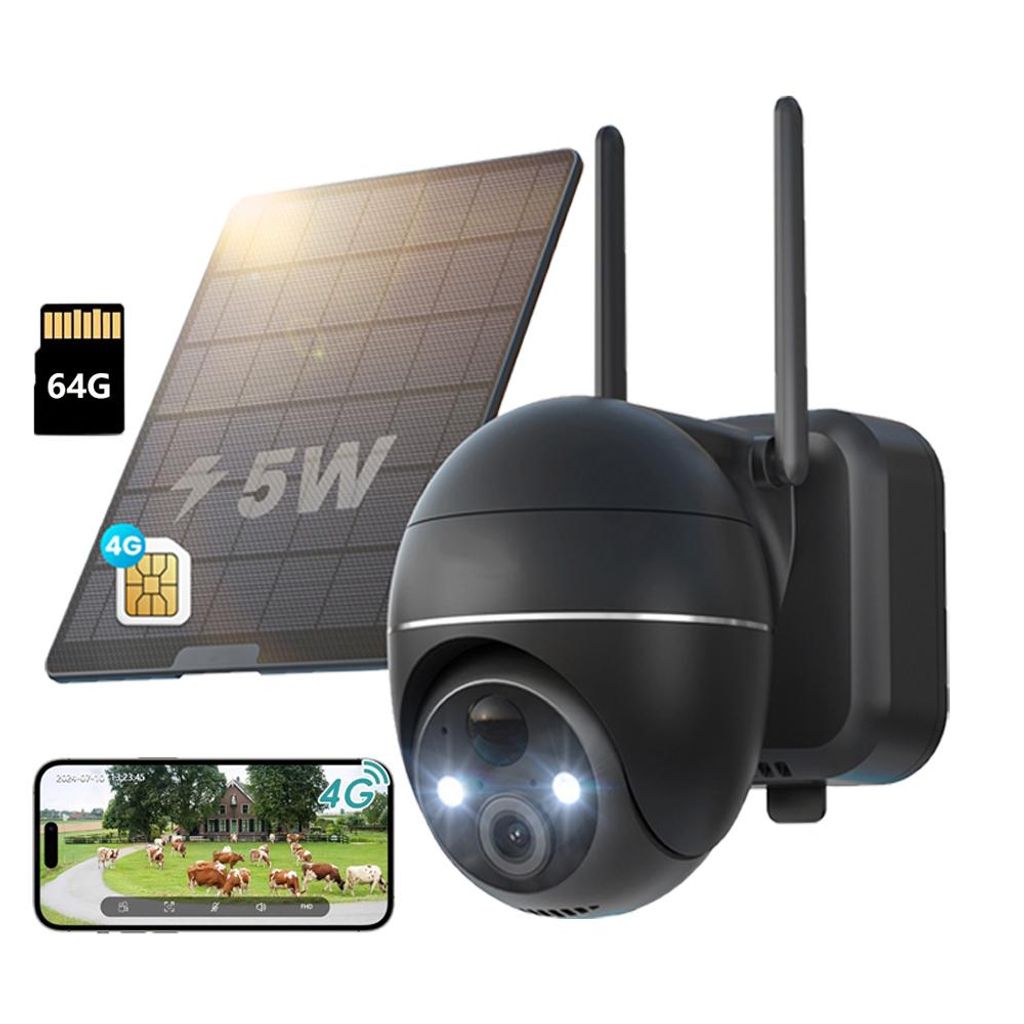 4G LTE Überwachungskamera Aussen Akku mit SIM Karte 2K Kabellos Solar PTZ IP Kamera Outdoor Ohne WLAN Farb-Nachtsicht PIR Erkennung mit 64G