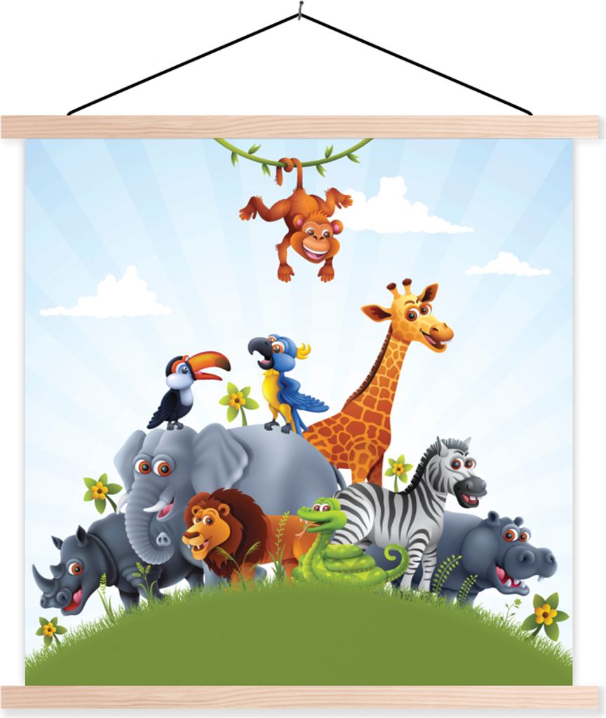 MuchoWow Textilposter Dschungel - Illustration - Wildtiere - Jungen - Mädchen - Kind 60x60 cm mit holzfarbenen Rahmen - Wanddekoration