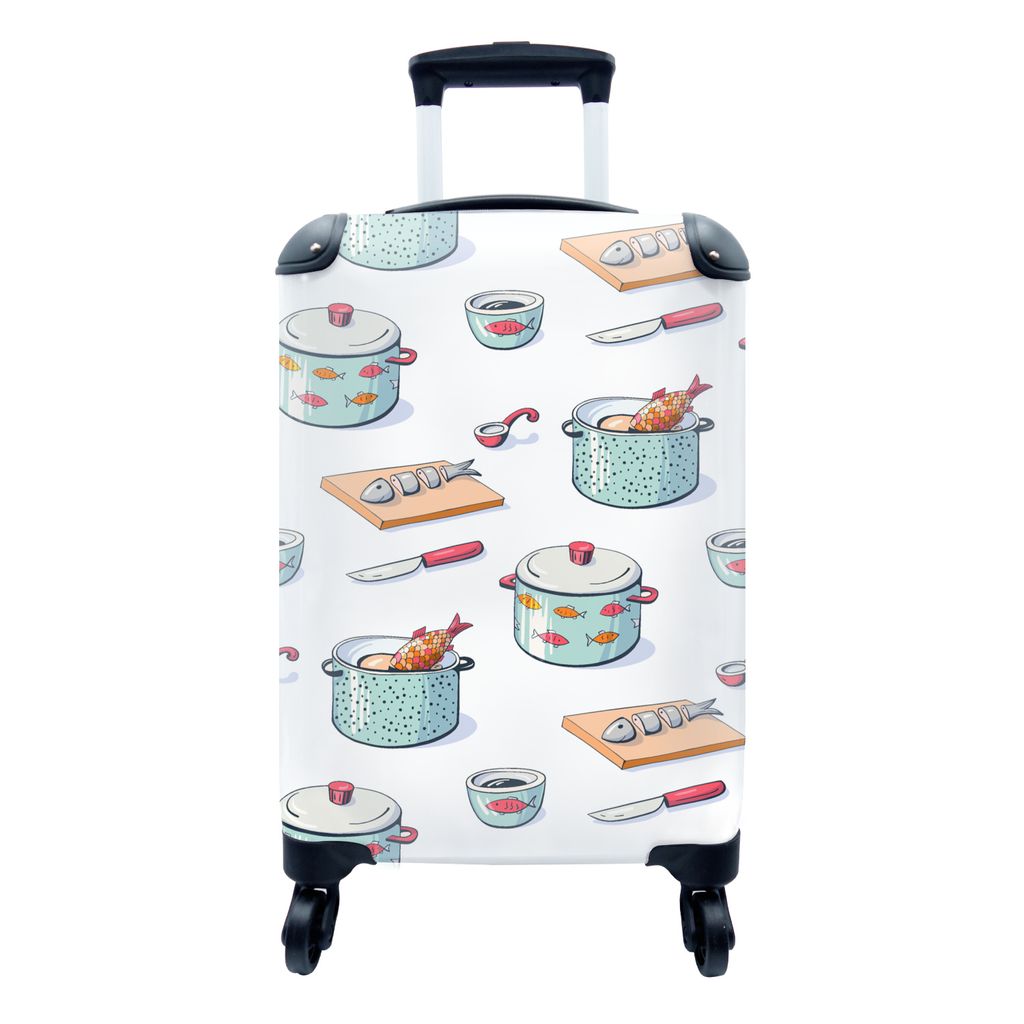 MuchoWow Koffer Handgepäck Trolley Rollkoffer Kleine Reisekoffer mit 4 Rollen - Muster - Kochen - Fisch - Pfanne - Cabin Size < 55x40x23 cm & 55...