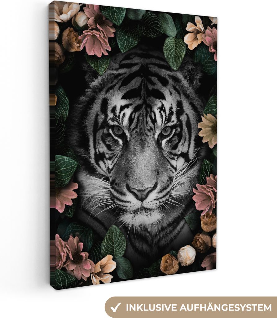 MuchoWow - Leinwandbilder - Tiger - Blumen - Schwarz - Weiß, Wandbild, Wanddeko Bilder Wohnzimmer, 80x120 cm