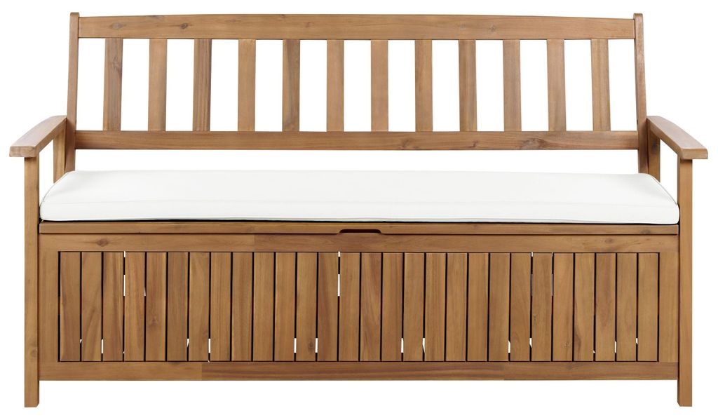 BELIANI 3-Sitzer Gartenbank Hellbraun Akazienholz 160 cm mit Stauraum Auflage Taupe Armlehnen Rückenlehne Latten-Optik Terrasse Wintergarten