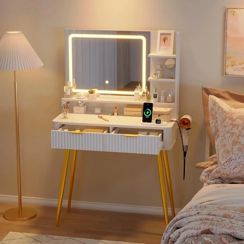 Coiffeuse de Chambre avec Miroir Lumineux LED et Tiroirs de Rangement