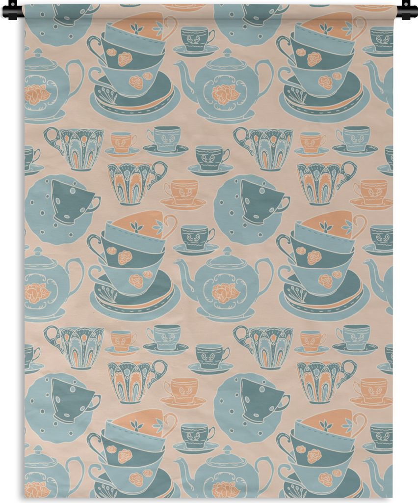MuchoWow Wandteppich Wandbehang Muster - Vintage - Tasse - Tee 150x200 cm Tapisserie Dekoration Wandtuch - Wandaufhängung - Moderner