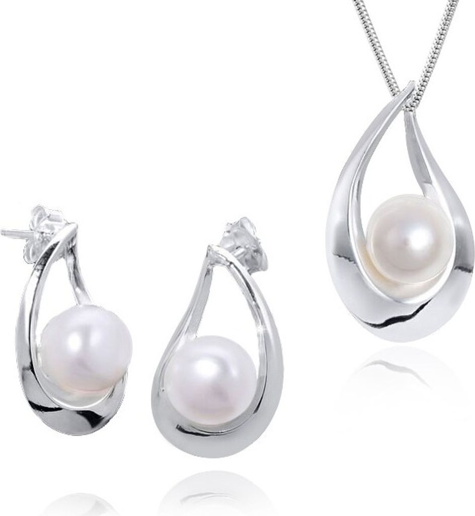 MATERIA 925 Silber Schmuckset Damen Ohrstecker Perlen Ohrringe + Ketten Anhänger Perle inkl. Schmuck Box SO-53_KA-26