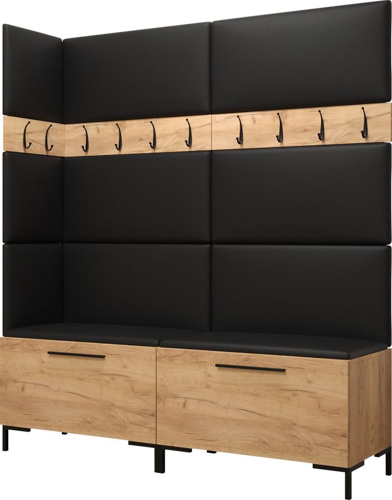 MIRJAN24 Garderoben-Set Zilion V, Garderobe mit 8 Stück Gepolstertes Wandpaneel Pag 84x42 und 3 Stück 42x42 (Eiche Craft Gold + Schwarz, Soft 011)