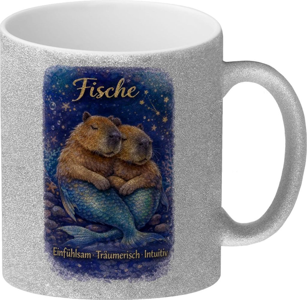 Fisch Sternzeichen Cabybara Glitzer-Kaffeebecher für Astrologie Fans
