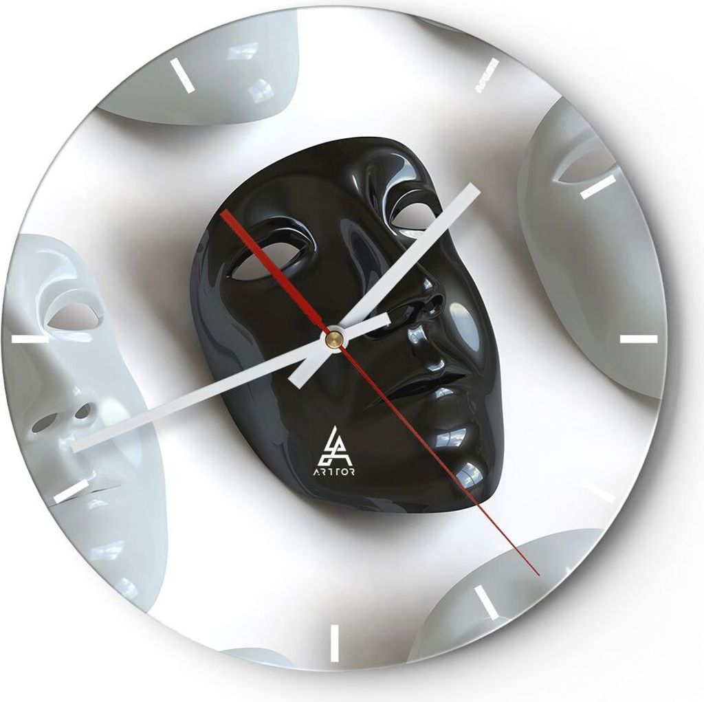 Wanduhr - Rund - Glasuhr - Venedig Maske Schauspieler Theater - 40x40cm - Schleichendes Uhrwerk - Lautlos - zum Aufhängen bereit - Dekoration Mode...