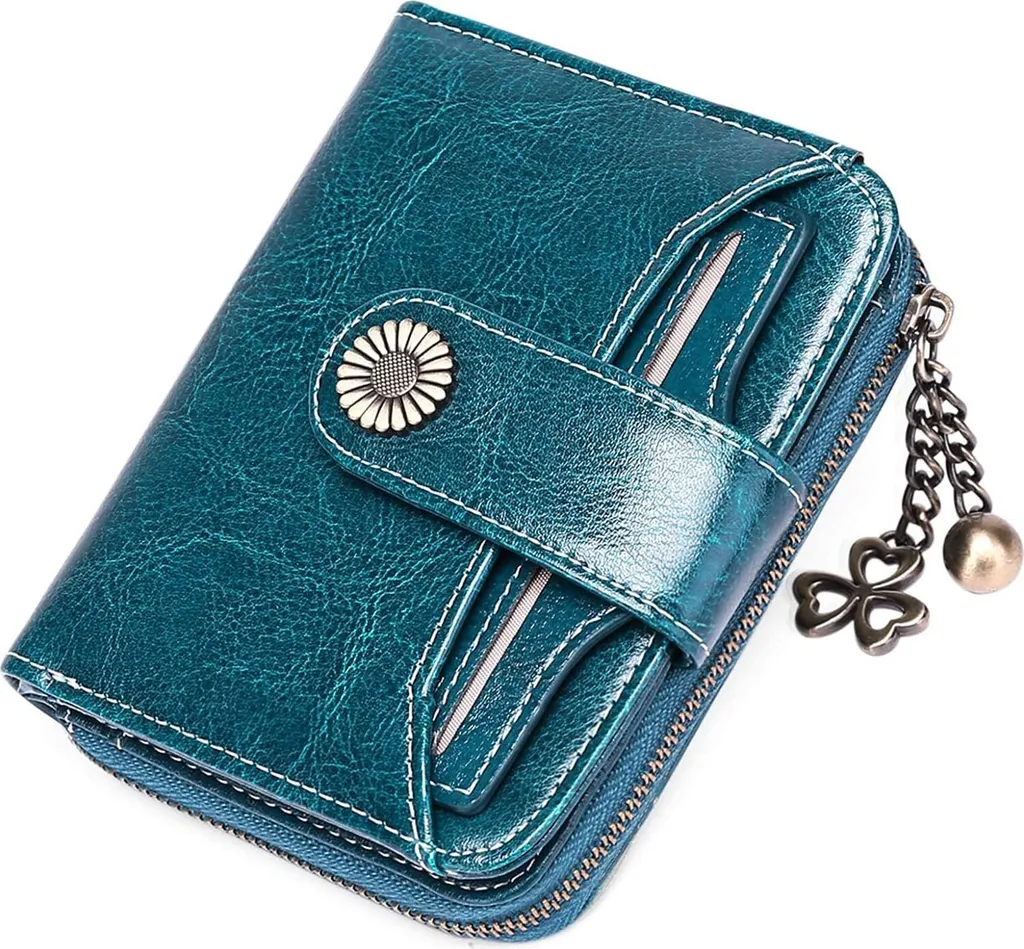 Portafoglio Donna In Vera Pelle Blu Con Protezione RFID, Portamonete Con Cerniera E Tessere, Modello Trifold - 3