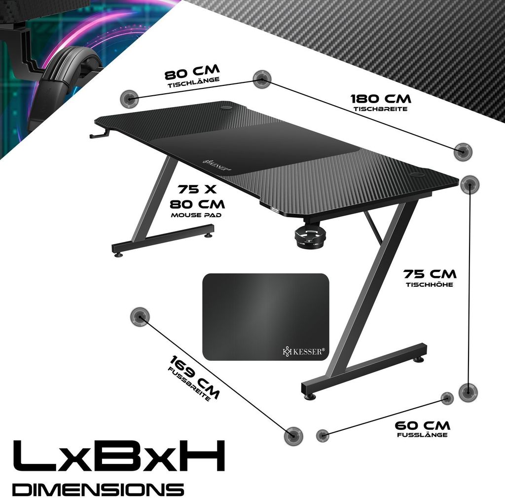 KESSER Gaming Tisch LED | Z-Form Gamer Schreibtisch | Kopfhörerhaken & Kohlebeschichtung | Ergonomischer PC Computertisch | Stabiler Tisch mit M...