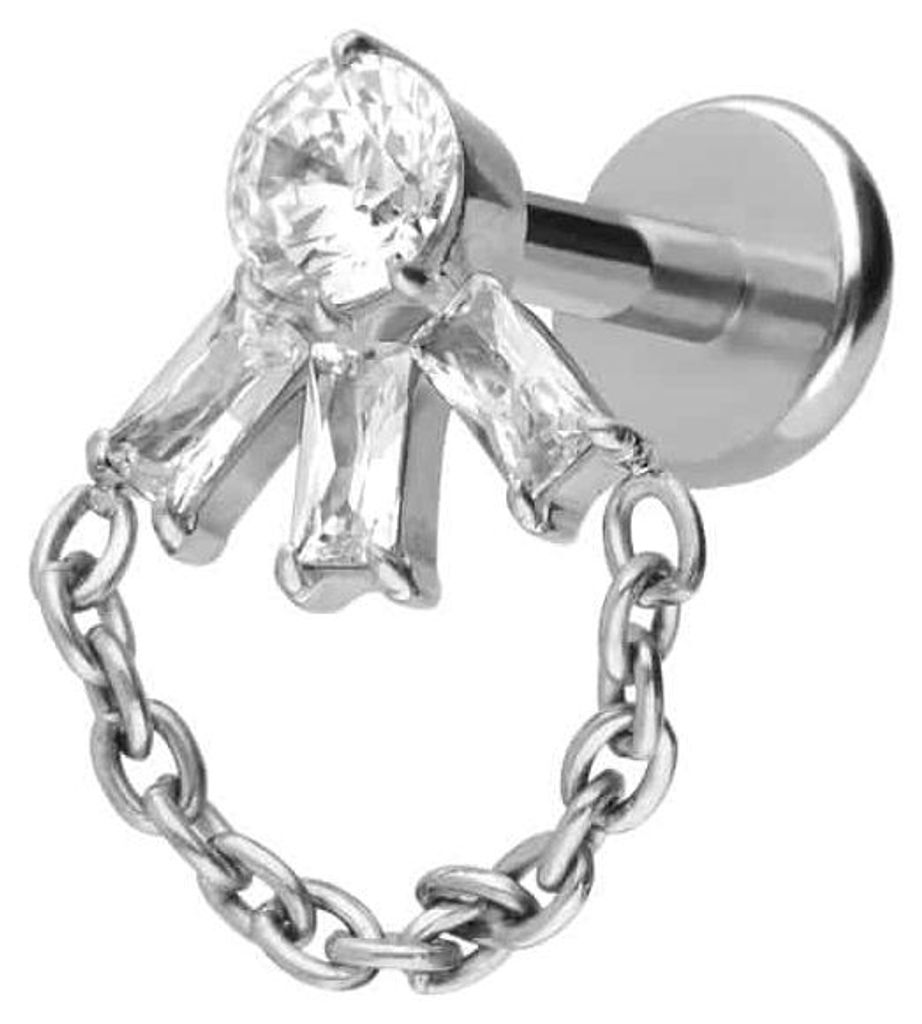 Ohrpiercing, Nasenpiercing Titan Labret mit Push Fit LOTUSBLÜTE + KETTE Silber Stablänge: 6mm | Stabstärke: 1mm
