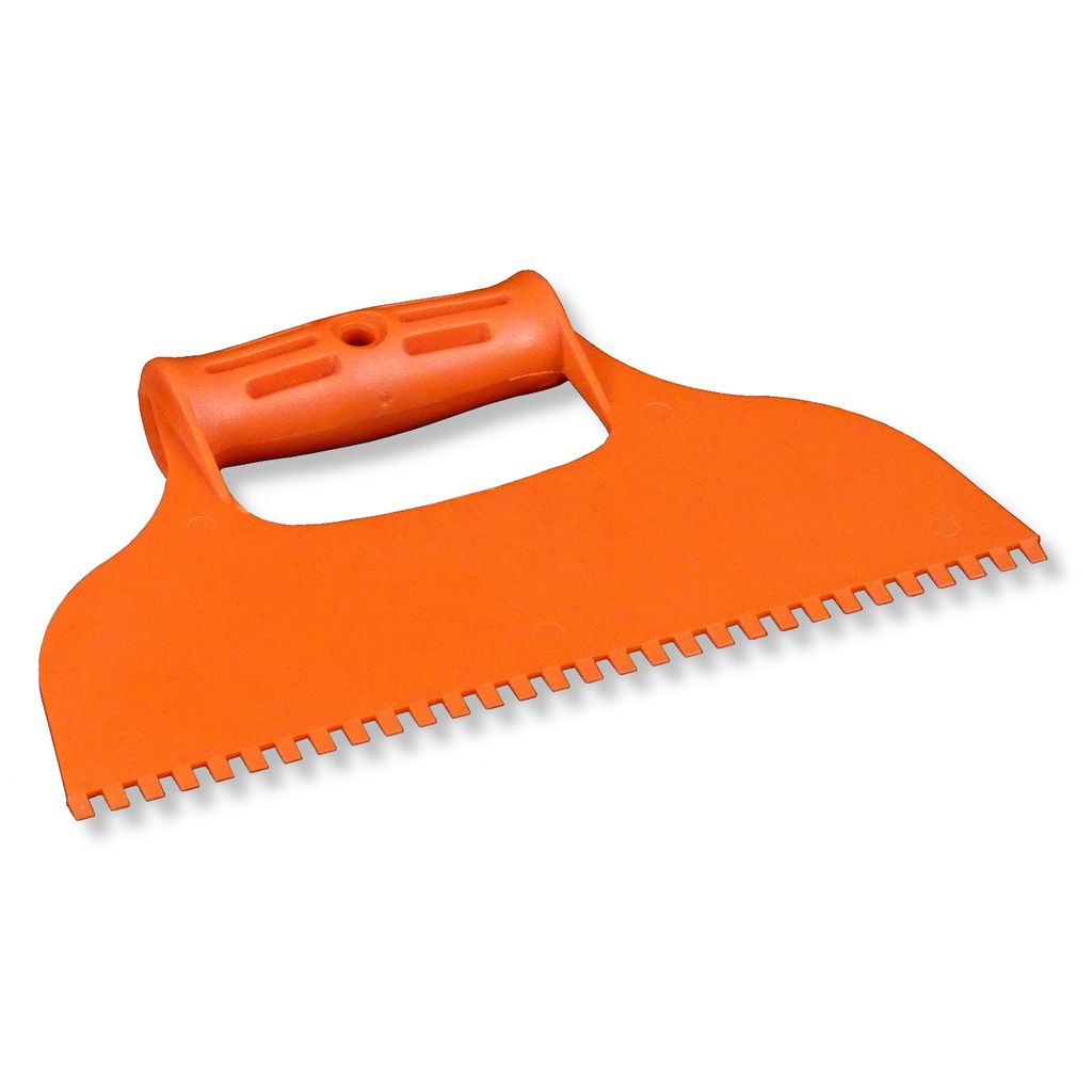 DEWEPRO Kunststoffspachtel - Flächenspachtel mit Griff - gezahnt: 4x4mm - Breite: 235mm - Breitspachtel - Fugenspachtel - Zahnspachtel aus Kunststoff