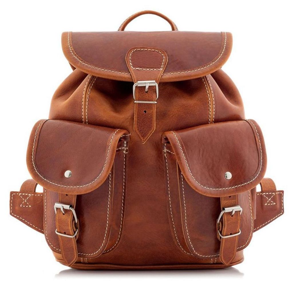 Klein Damen Lederrucksack aus Juchtleder, cognac, Vintage Cityrucksack, elegant, Freizeitrucksack – Belveder BR21