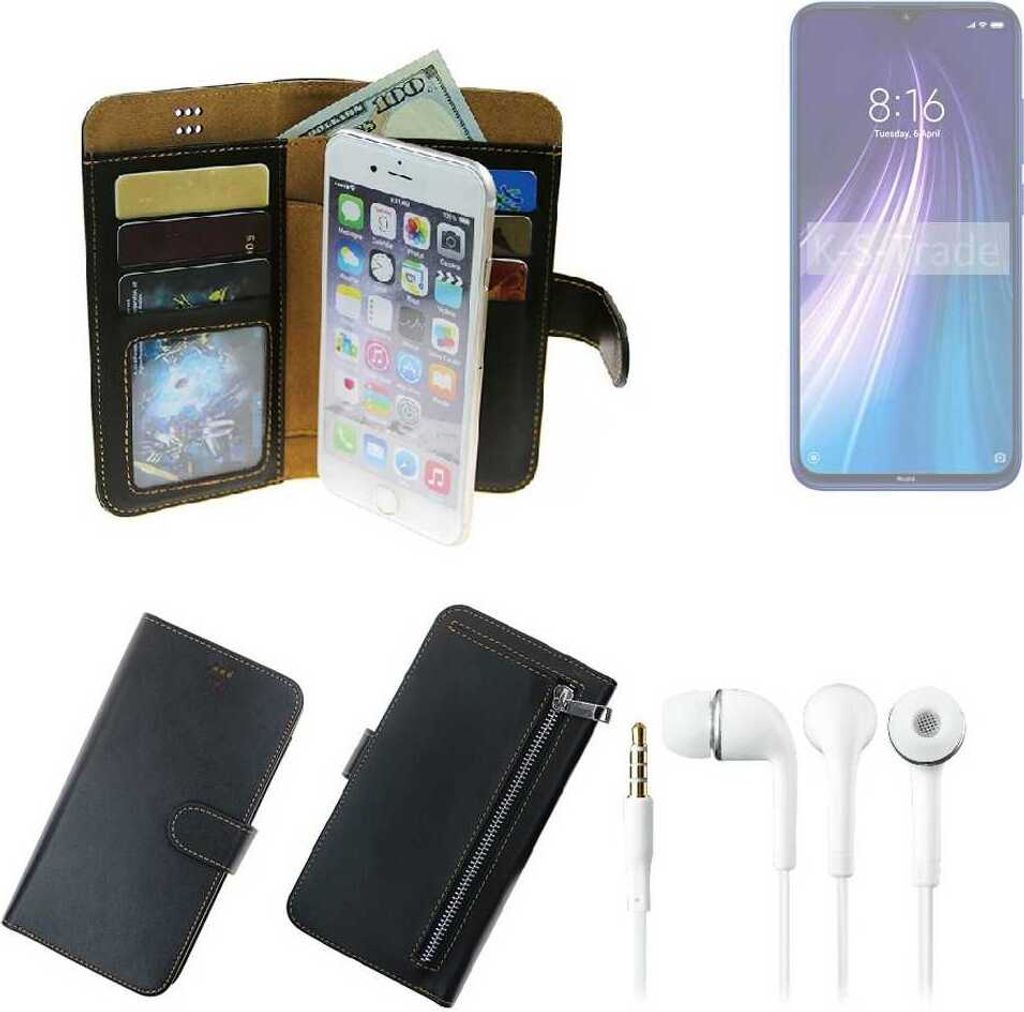 TOP SET Handy Hülle Schutz Hülle kompatibel mit Xiaomi Redmi Note 8 schwarz aus Kunstleder + Kopfhörer Smartphone Tasche vollwertige Geldbörse