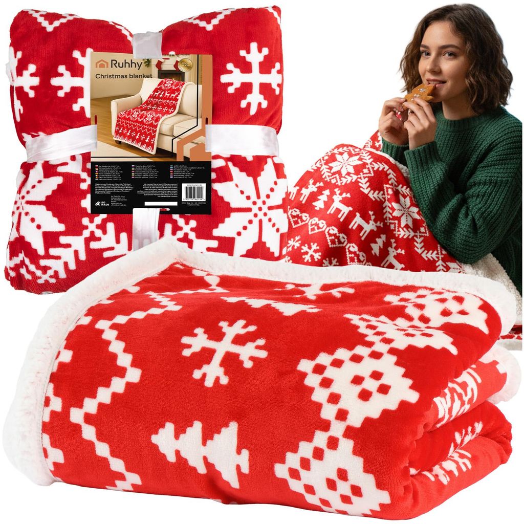 A collage of images showing a Christmas-themed blanket, a woman eating a cookie while wrapped in a blanket, and packaging for the blanket.