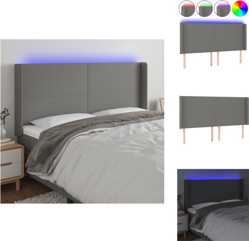vidaXL LED Kopfteil Dunkelgrau 183x16x118/128 cm Stoff - Kopf- & Fußenden
