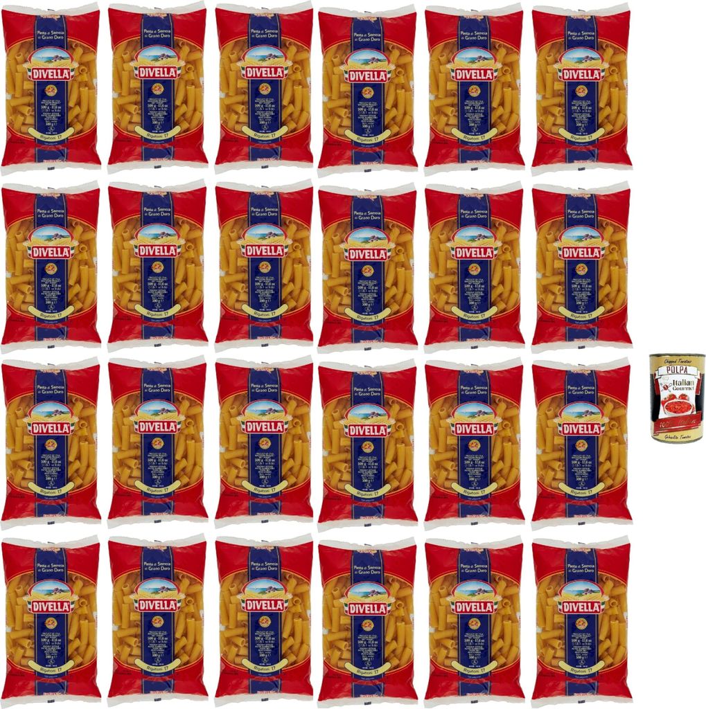 Divella Pasta 100% Italienisch Rigatoni N° 17, Nudeln aus Hartweizengrieß, Kochen 9 Minuten 24x 500g + Italian Gourmet polpa 400g