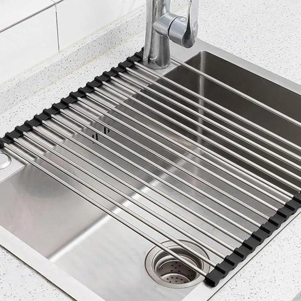 Égouttoir à vaisselle enroulable inox noir 43x35 cm gain de place évier