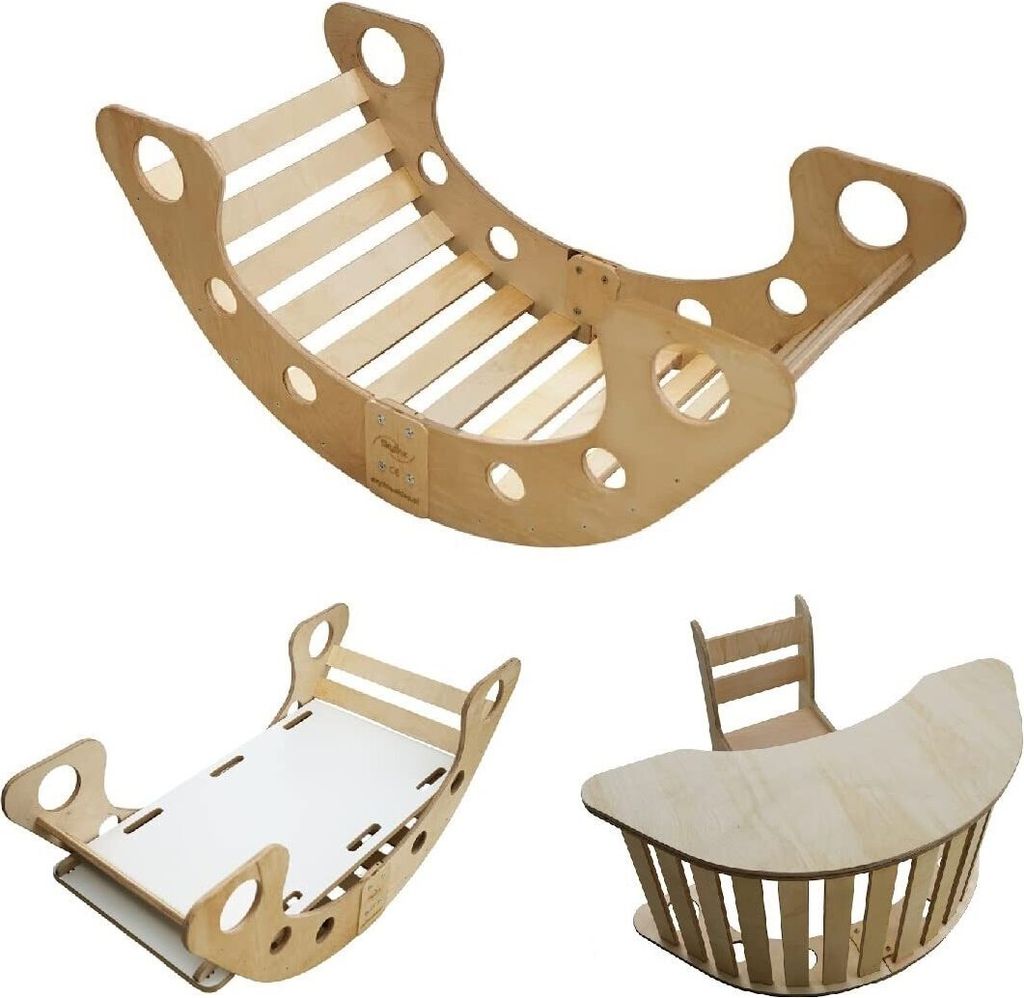 Skyline Set 5w1 Holz Kletterbogen, Klettergerüste, Wippe, Holzbogen für Kinder Montessori Tisch mit Stuhl und Rutsche, mod.B, 110x51x48cm, Hölzern