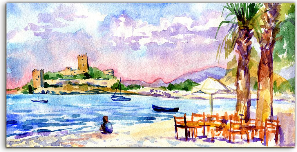 Coloray - Glasbild - 120x60 cm - Wandbild - Glasbilder - Aquarell Malerei Burg Meer