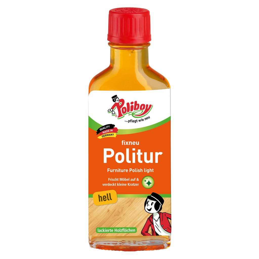 A bottle of furniture polish with a label showing the brand, product name, and usage instructions.