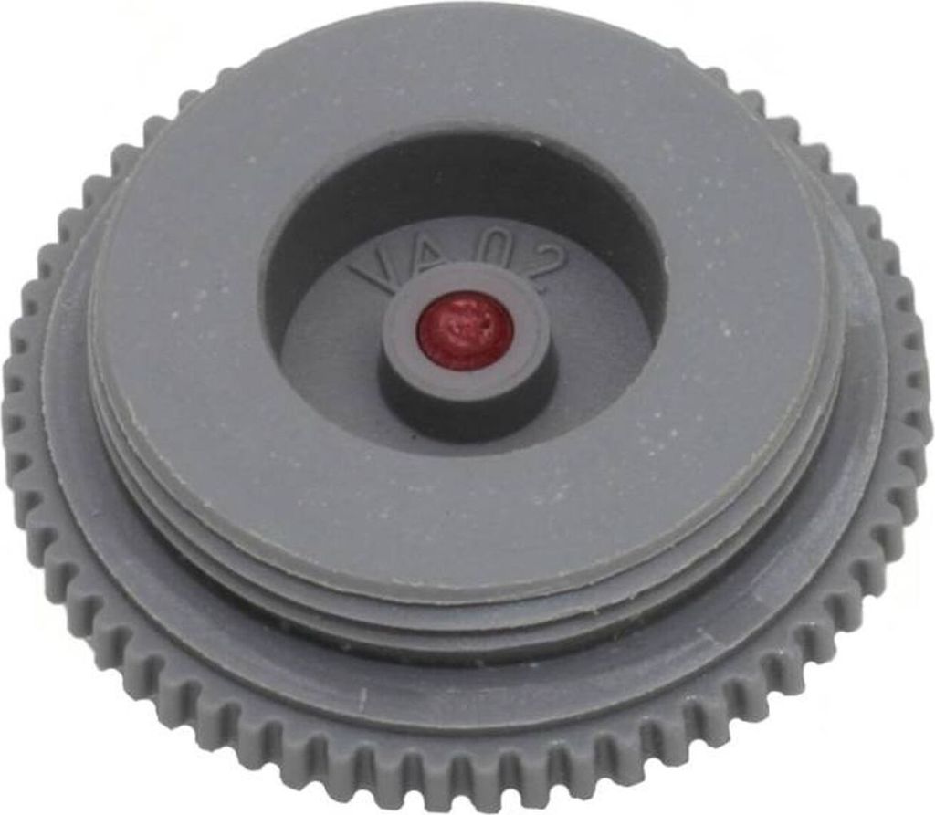 A close-up, isolated shot of a gray plastic valve fitting with a red insert.