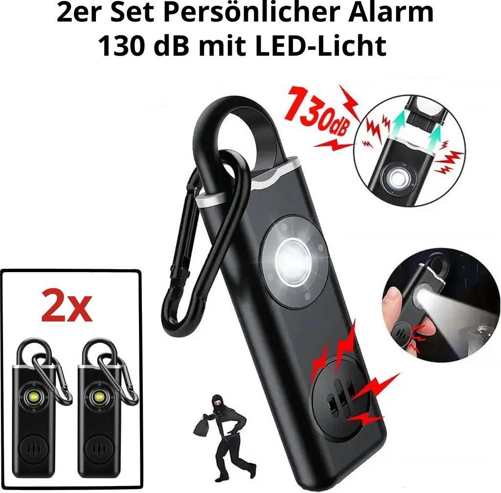 A product image showcasing a personal alarm with LED light, featuring multiple views and text callouts.