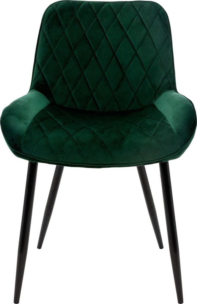A dark green velvet dining chair with black metal legs, shown from the front against a white background.