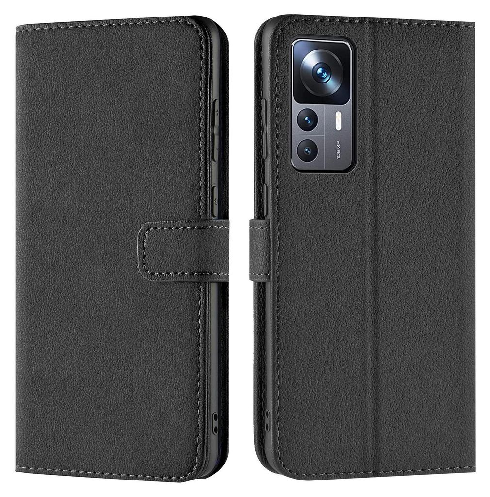 A black book-style phone case for a Xiaomi 12T / 12T Pro is shown from the front and back.