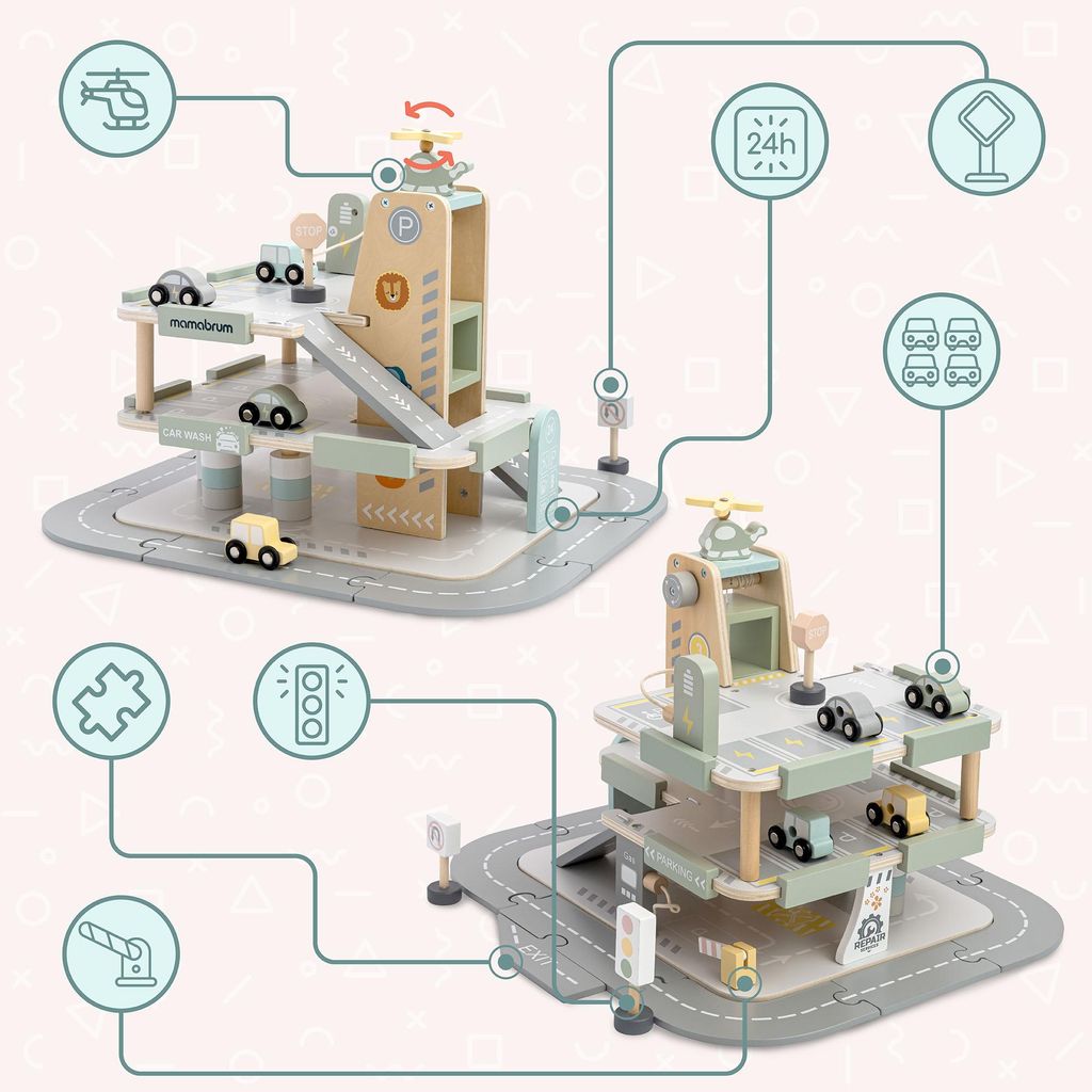 Teorema Giocattoli, Garage Macchine per Bambini, Pista Macchinine 2 Anni Bambino con Ascensore e Rampa a Spirale, Gioco Bimbo 1 Anno con 3 Veicoli Inclusi, Parking Garage Con Automibiline, +18 MESI