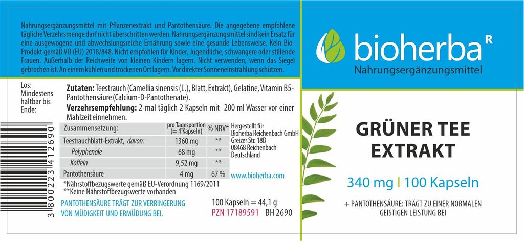 Grüner Tee Extrakt 340 mg 100 Kapseln Produktbild 2
