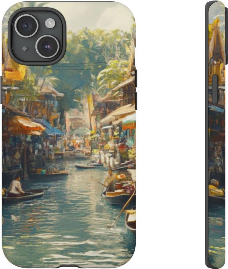 Lebendiges Wasser-Markt-Szenario mit Booten und Ständen – Hülle Kompatibel mit iPhone 15 Plus