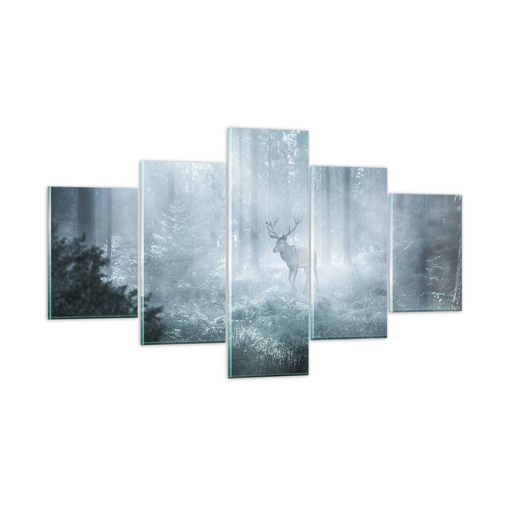 Bilder auf glas - 5 Teile - Hirsch Wald Morgendämmerung - 125x70cm - Glasbilder - Wandbilder - Bilder - Wanddekoration aus Glas - Glas Bilder - Wa...