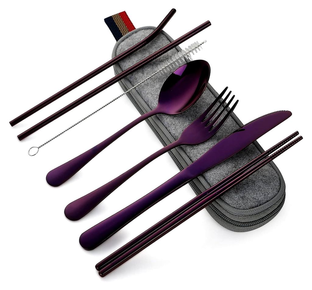 Tragbares Campingbesteck - 8-teiliges Edelstahl Reisebesteck mit Messer, Gabel, Löffel, Essstäbchen, Strohhalmen, Reinigungsbürste und Etui - Pr...