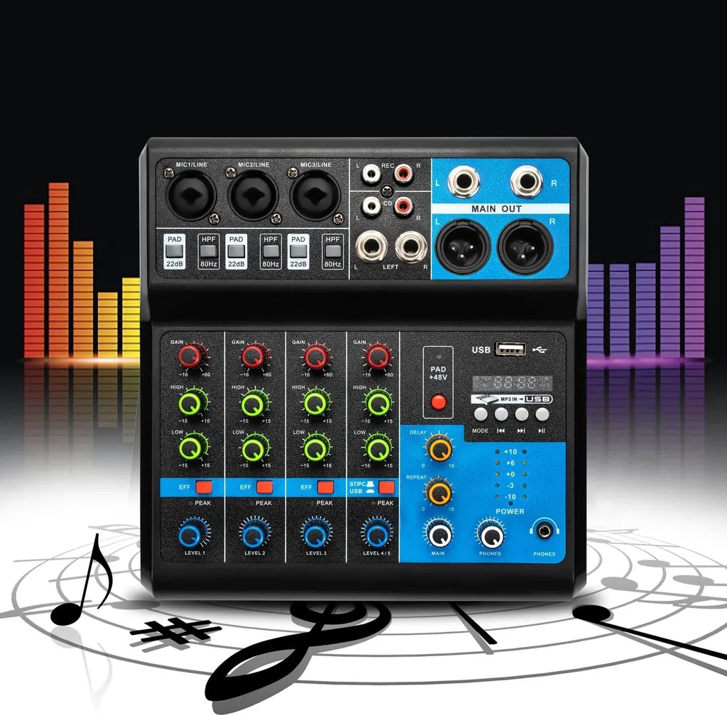 Mixeur audio Bluetooth 5.0 à 5 canaux avec interface USB pour studio