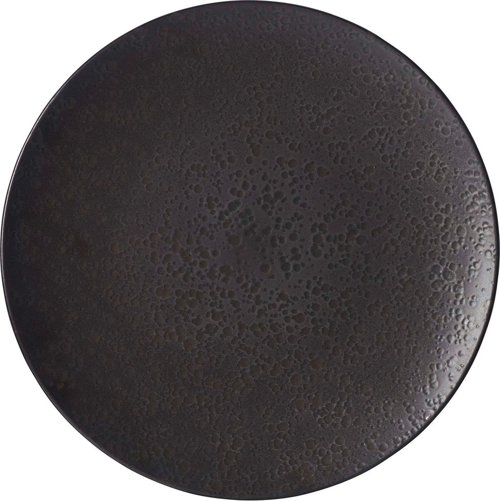 A flat dinner plate with a textured, speckled dark gray/black surface.