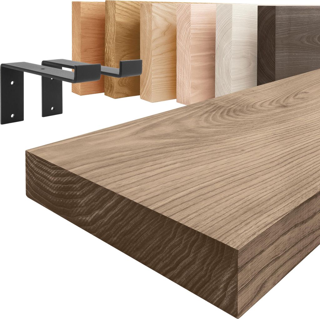 LAMO Manufaktur Wandregal Holz Gerade | Regal Farbe: Nussbaum | mit schwarzem Original Regalträger | 140 cm